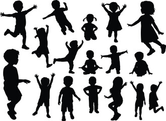 Group of children silhouettes playing, jumping, sitting, standing, dancing, raising hands, childhood fun, outdoor activity, vector artwork, joyful kids