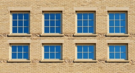Fototapeta premium A symmetrical architectural shot of four large wooden-framed windows reflecting a bright blue sky