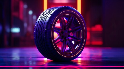 A photo of a tire with neon lights