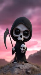 Rendu 3D d'une jolie faucheuse aux grands yeux debout dans un cimetière, tenant sa faux et portant une capuche noire sur la tête, ciel avec coucher de soleil rose en arrière-plan.