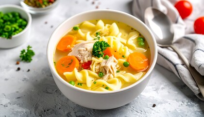 Nourishing chicken noodle soup with carrots, peas, parsley in white bowl