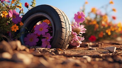 A photo of a tire with wildflowers
