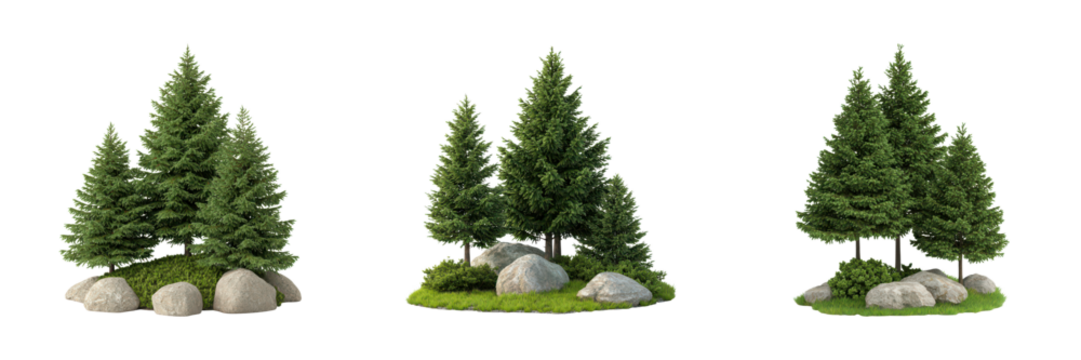 A trio of lush green coniferous trees surrounded by rocks, showcasing natural beauty and vibrant foliage.