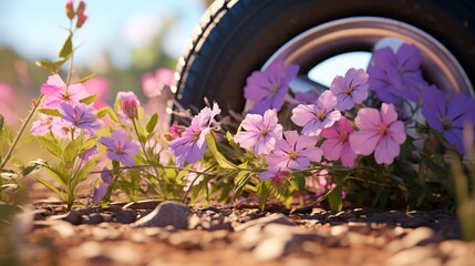 A photo of a tire with wildflowers