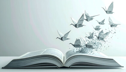 Open book with flying birds