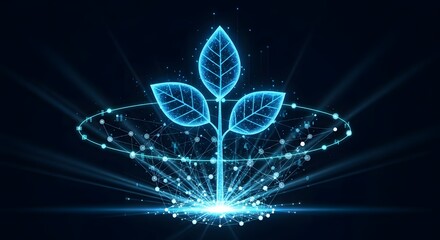 Digital plant and glowing network connections representing biotechnology and smart agriculture. The future of sustainable farming and scientific innovation.
