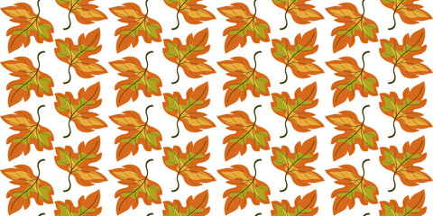 Autumn seamless pattern of orange maple leaves. Holiday floral ornament of leaves on white background. Autumnal plant vector illustration. Fall seasonal pattern. Decor for Thanksgiving Day