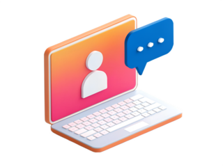 3d illustration of a laptop with user icon and blue chat bubble computer technology