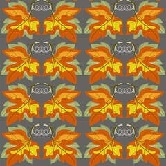 Obraz premium Autumn seamless pattern of orange leaves. Holiday floral ornament of leaves on dark gray background. Autumnal plant vector illustration. Fall seasonal pattern. Decor for Thanksgiving Day
