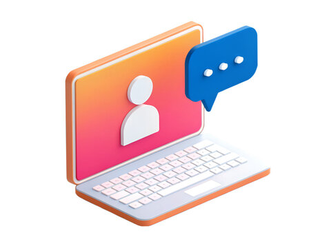 3d illustration of a laptop with user icon and blue chat bubble computer technology