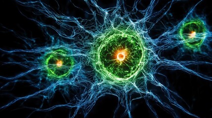 Obraz premium A green virus with an orange core and branching synapses infects a cell,