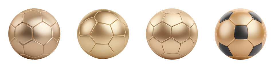Four golden soccer balls of varying designs showcasing distinct patterns and textures.