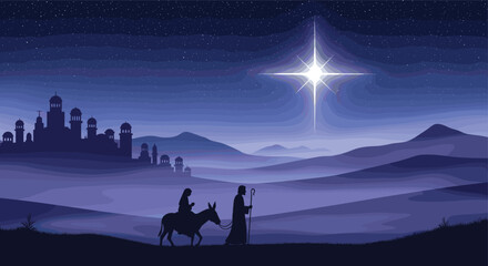 Beautiful nativity night illustration, Joseph and Mary traveling to Bethlehem, bright shining star, holy Christmas journey, Christian religious artwork background design © Frd Art