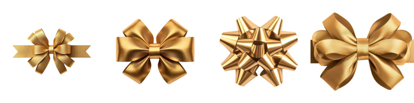 A collection of elegant gold bows in various styles, showcasing intricate designs and textures, perfect for gift wrapping and decorations.