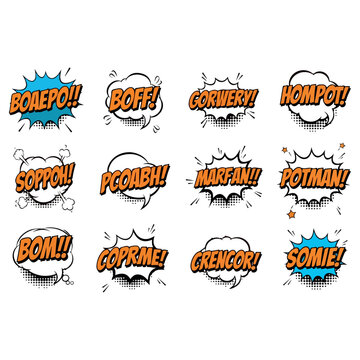 Comic book sound effects collection with various words and styles.