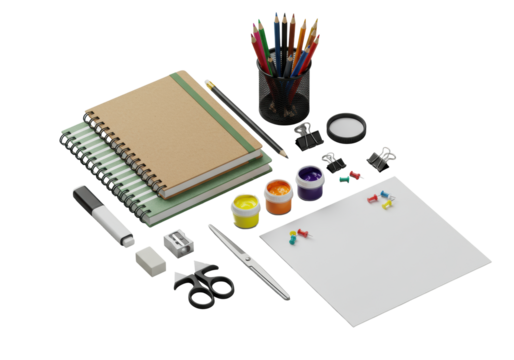 A meticulously arranged collection of vibrant colored pencils, markers, stacked notebooks, paint pots, scissors, sharpener, clips on a transparent background, concept of creative organization and