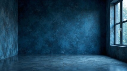 Moody Blue Room Interior with Single Window and Textured Walls