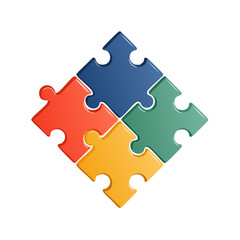 Obraz premium Four colorful puzzle pieces fit together forming a diamond shape symbolizing teamwork and solutions
