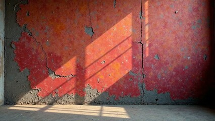 Red Wall with Peeling Paint and Shadow Patterns A Textural Study of Deterioration and Light