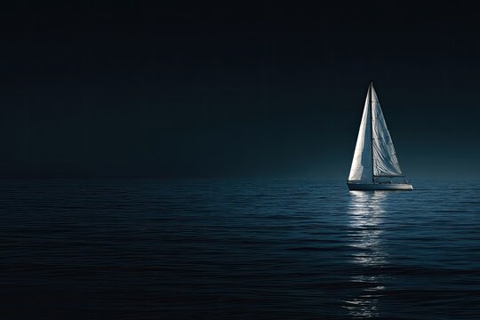 A sailboat glides across a dark, still sea at night (1)