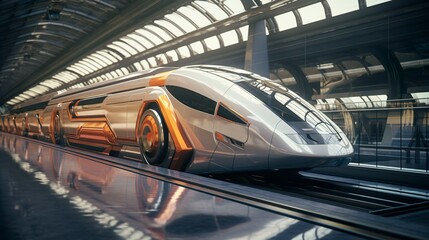 A photo of a train in a futuristic station
