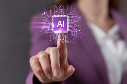 Businesswoman touching a digital icon of artificial intelligence with a chip and hologram effect, an AI technology concept, on violet background. horizontal 