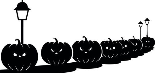 Row of small pumpkin silhouettes along a pathway, Halloween vector illustration