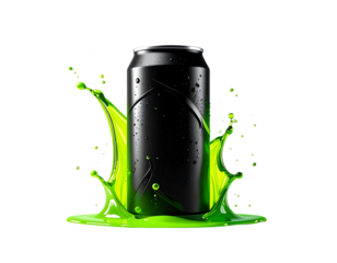 Futuristic Black Energy Can with Neon Green Splash Effect PNG