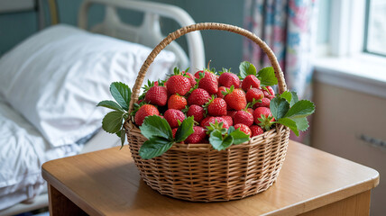 A basket of strawberries brightens a hospital room fr a patient