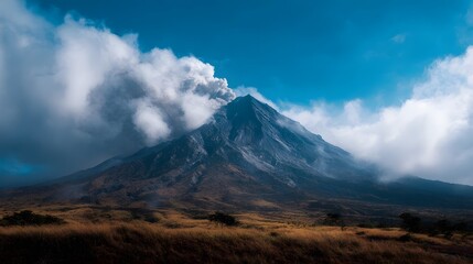 Majestic volcano erupting spewing a dense plume of ash and smoke against a dramatic blue sky