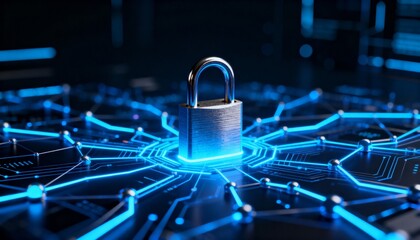 Cyber defense system visualization with padlock in the center of digital network and glowing blue neon connections, futuristic cybersecurity technology, secure data protection and information safety