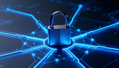 Cyber defense system visualization with padlock in the center of digital network and glowing blue neon connections, futuristic cybersecurity technology, secure data protection and information safety