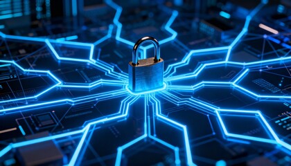 Cyber defense system visualization with padlock in the center of digital network and glowing blue neon connections, futuristic cybersecurity technology, secure data protection and information safety