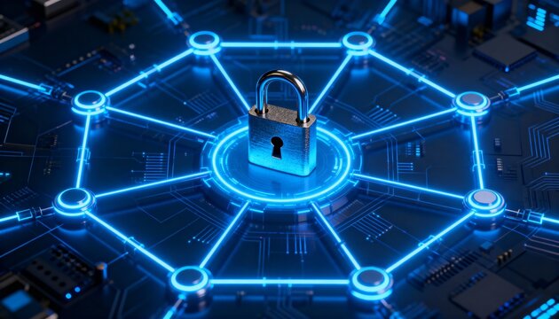 Cyber defense system visualization with padlock in the center of digital network and glowing blue neon connections, futuristic cybersecurity technology, secure data protection and information safety - Powered by Adobe