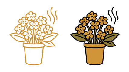 Potted Scented Flower Vector Icon Set in Yellow Color and Outline for Home Fragrance and Aromatherapy Concepts