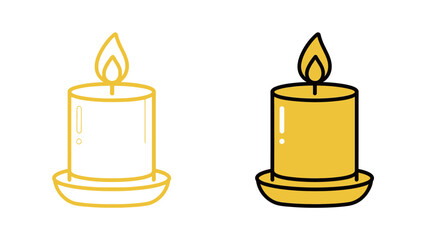 Burning Pillar Candle on a Holder Vector Icon Set in Yellow Color and Outline for Light Ambience and Decoration