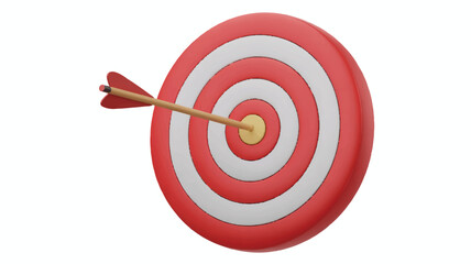 A 3D illustration of a red and white target with a wooden arrow hitting the center bullseye. 