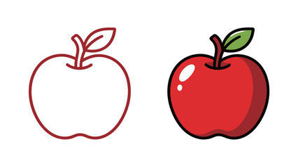 Whole Red Apple Fruit Vector Icon Set with Stem and Leaf in Outline and Solid Fill Style for Healthy Food