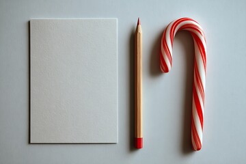 Festive Arrangement of Blank Greeting Card with Red Pencil and Christmas Candy Cane on Light Surface