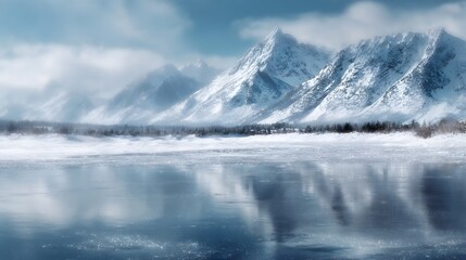 Obraz premium A serene winter landscape featuring a frozen lake reflecting snow covered mountains under a bright sky