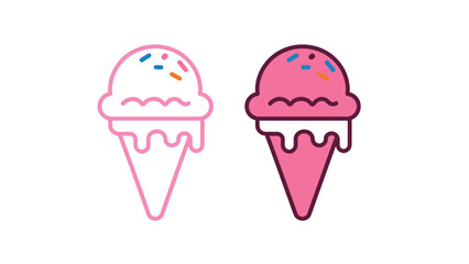 Pink Ice Cream Cone with Sprinkles and Dripping Cream Outline and Solid Flat Vector Icon Illustration Graphic Design for Summer Dessert Snack Sweet Food and Cold Treat Minimalist Style