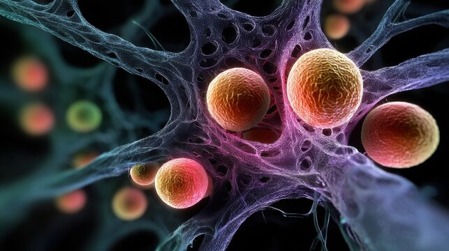 A 3D visualization of virus particles interacting with cells,