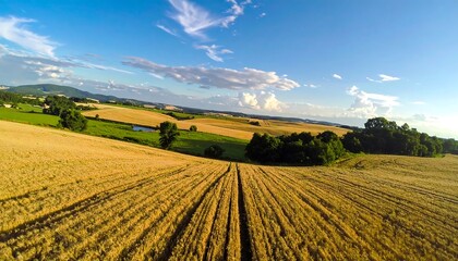 Aerial perspective of a golden wheat field with parallel rows, transitioning into green meadows and a forested area under a partly cloudy blue sky