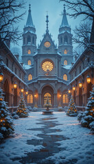 Fototapeta premium Snow covered courtyard with grand Gothic cathedral, adorned with glowing lanterns and decorated Christmas trees, creates serene winter scene
