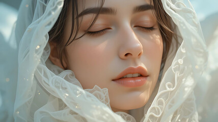 Extreme Close-up Portrait of Beautiful Woman with Closed Eyes Covered in Ethereal White Lace Veil for Innocence, Purity, and Wedding Concepts