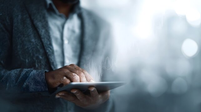 Businessman using a tablet with a digital graph overlay in a bright modern setting
