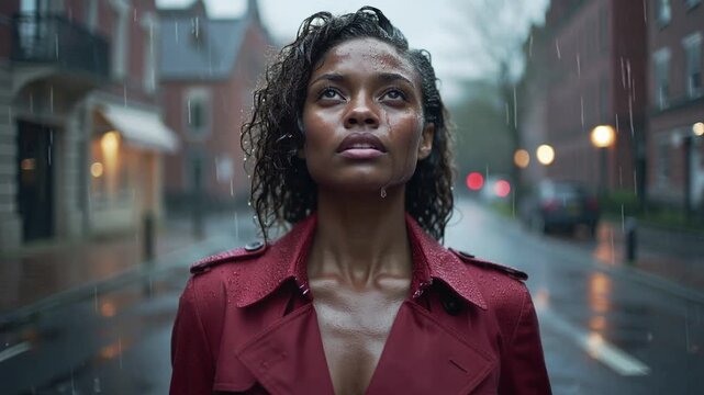 Mujer afroamericana parada en la lluvia