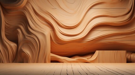 Abstract Carved Wooden Wall with Flowing Layers in Warm Natural Tones