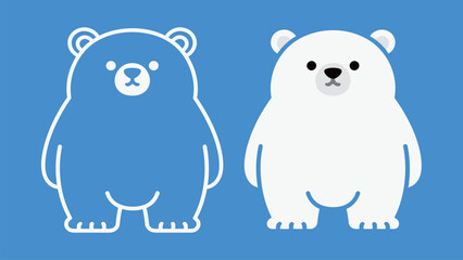 Cute Cartoon Polar Bear Outline and Solid White Blue Flat Vector Icon Illustration Graphic Design for Arctic Wildlife Winter Animal and Cold Climate Minimalist Style Mascot