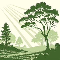 Serene green landscape with silhouetted trees and radiating sunlight beams across rolling hills